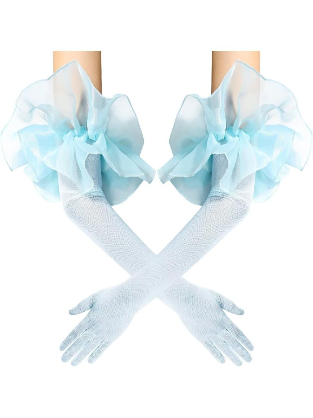 Womens Light Blue Long Sleeve Oversize Ruffle Cuff Sheer Tulle Mesh Puff Gloves